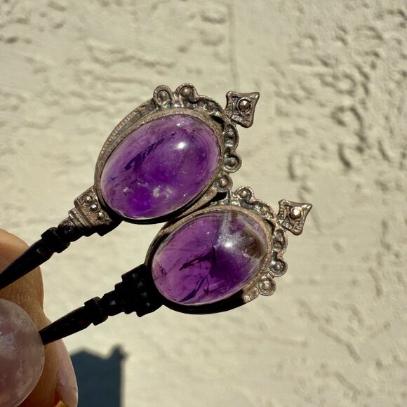 Vintage Sterling Silver Grape Amethyst Marcasite Pierced Earrings - Picture 7 of 7